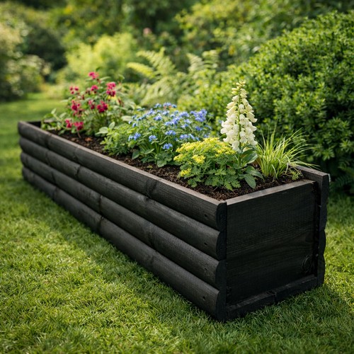 Long wooden trough planter - wooden,